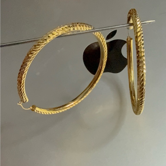 NWT 14k Real Gold Diamond-Cut 70mm Round Tube Hoop Earrings - Genuine 14K “3/3” - Picture 4 of 9